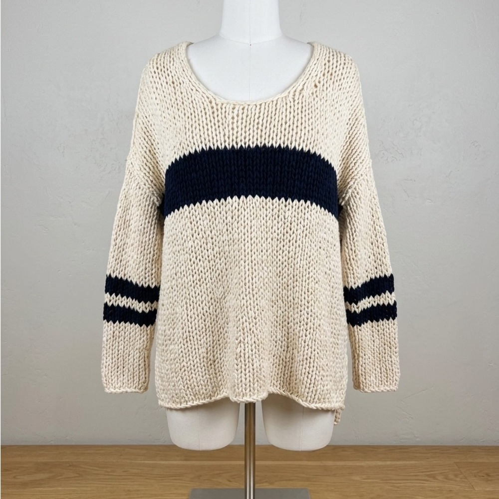 Free People Cream Scoop-Neck Sweater with Navy Stripes